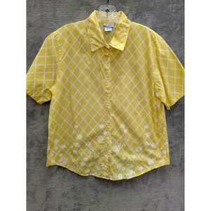Cottagecore Button Down Shirt Womens Large Yellow Lattice Floral